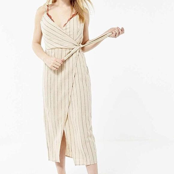 Urban Outfitters Quebec Linen Side-Tie Midi Wrap Dress Striped in Cream, Medium - Picture 1 of 13